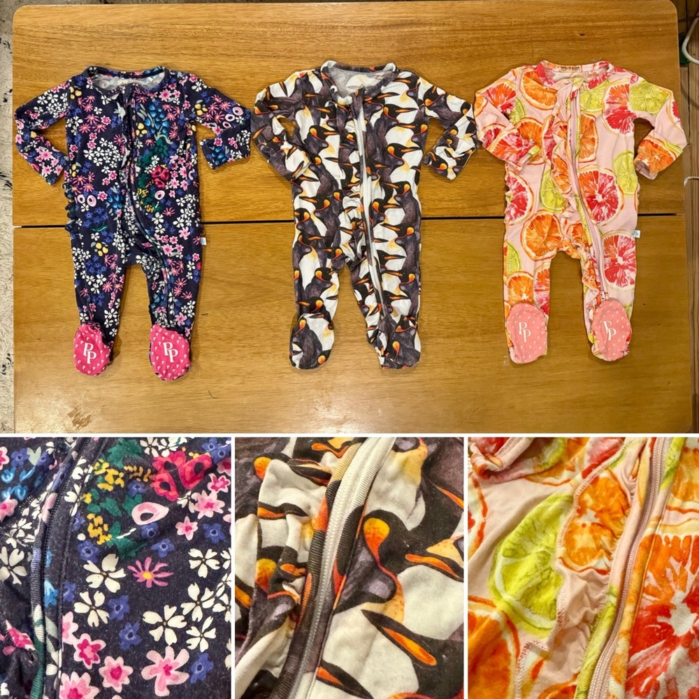 Posh Peanut NB Ruffle Footie Rompers, floral Penguin Citrus One Pieces